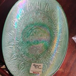 Iridescent Green Embossed Glass Decorative Plate - Home Accent